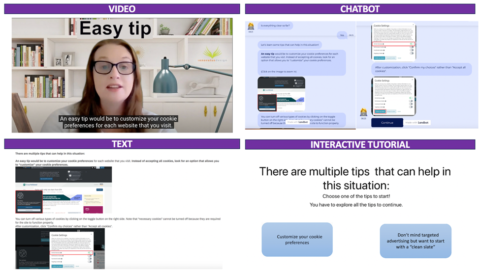 Examples of privacy education modalities including video, chatbot, text, and interactive tutorial formats.